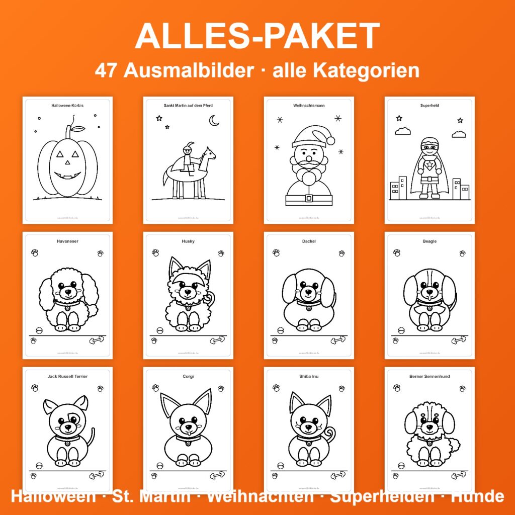 Alles-Paket mit 47 Ausmalbildern für Kinder als PDF