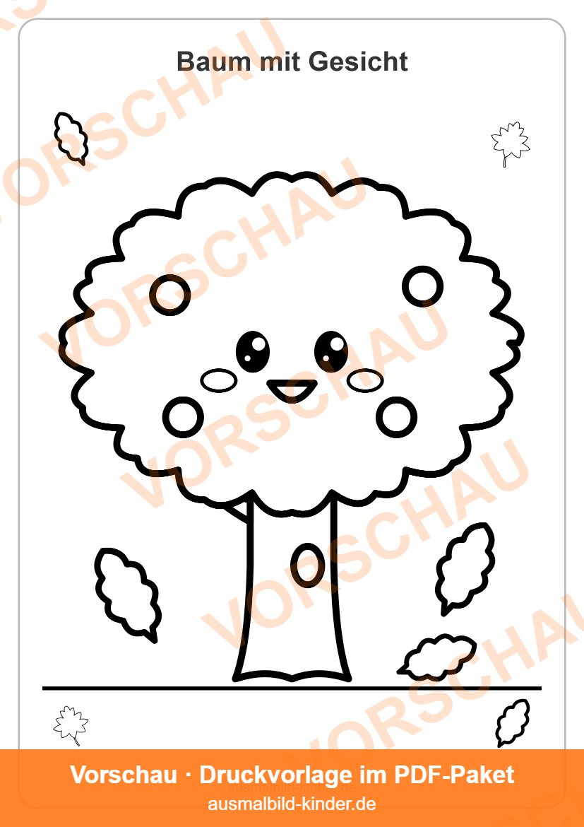 Ausmalbild Baum: fröhlicher Baum mit Gesicht im Herbst für Kinder (Vorschau)