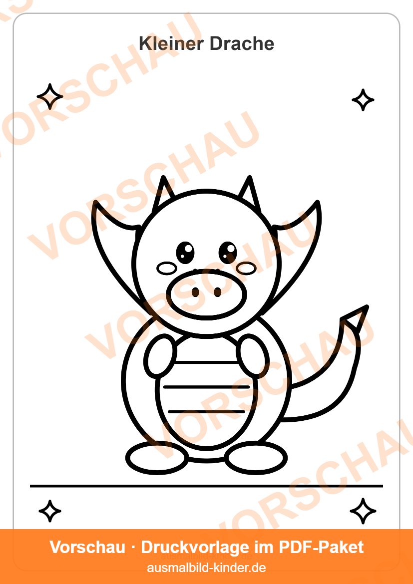 Drache Ausmalbild: kleiner süßer Drache mit Flügeln für Kinder (Vorschau)