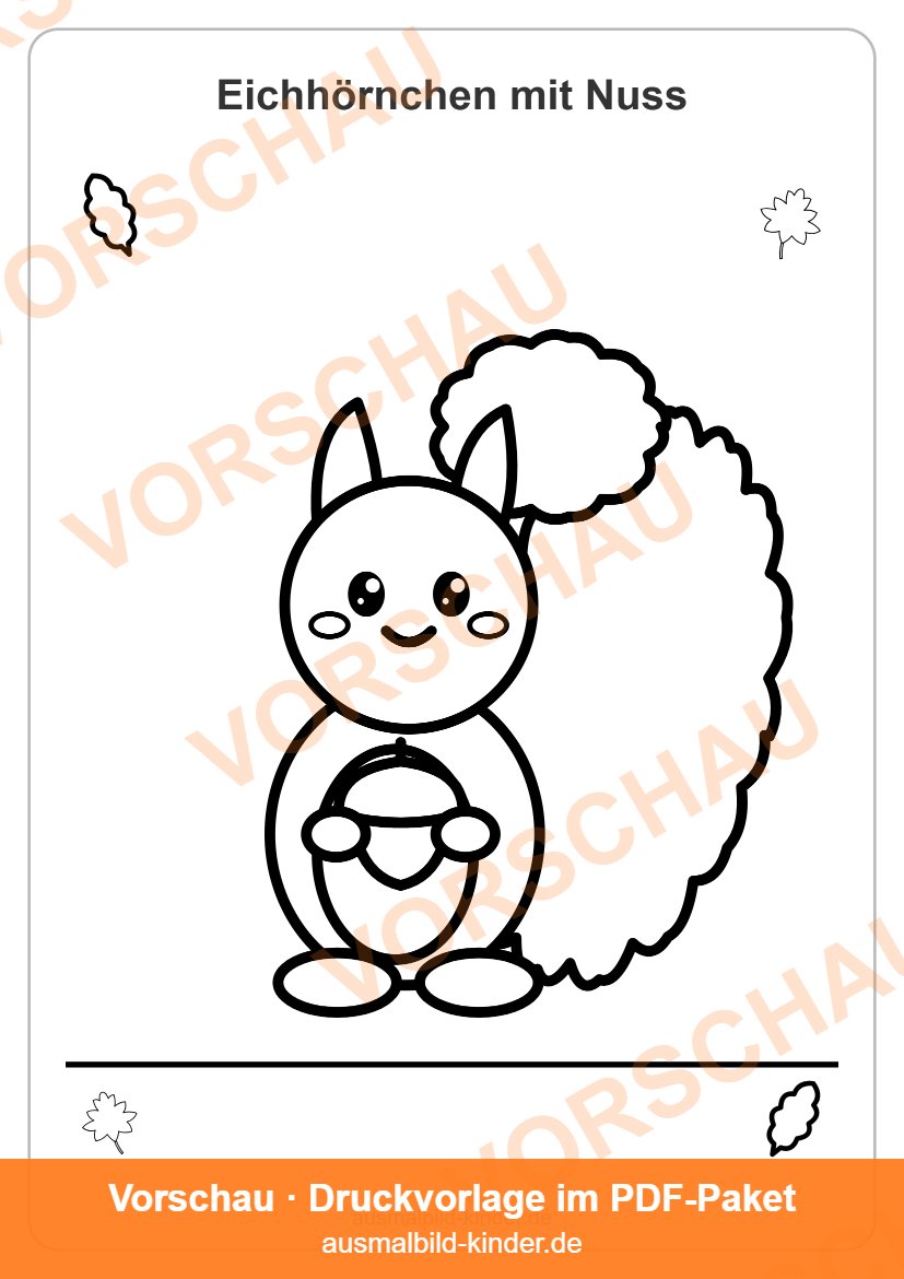 Eichhörnchen Ausmalbild: süßes Eichhörnchen mit Nuss für Kinder (Vorschau)