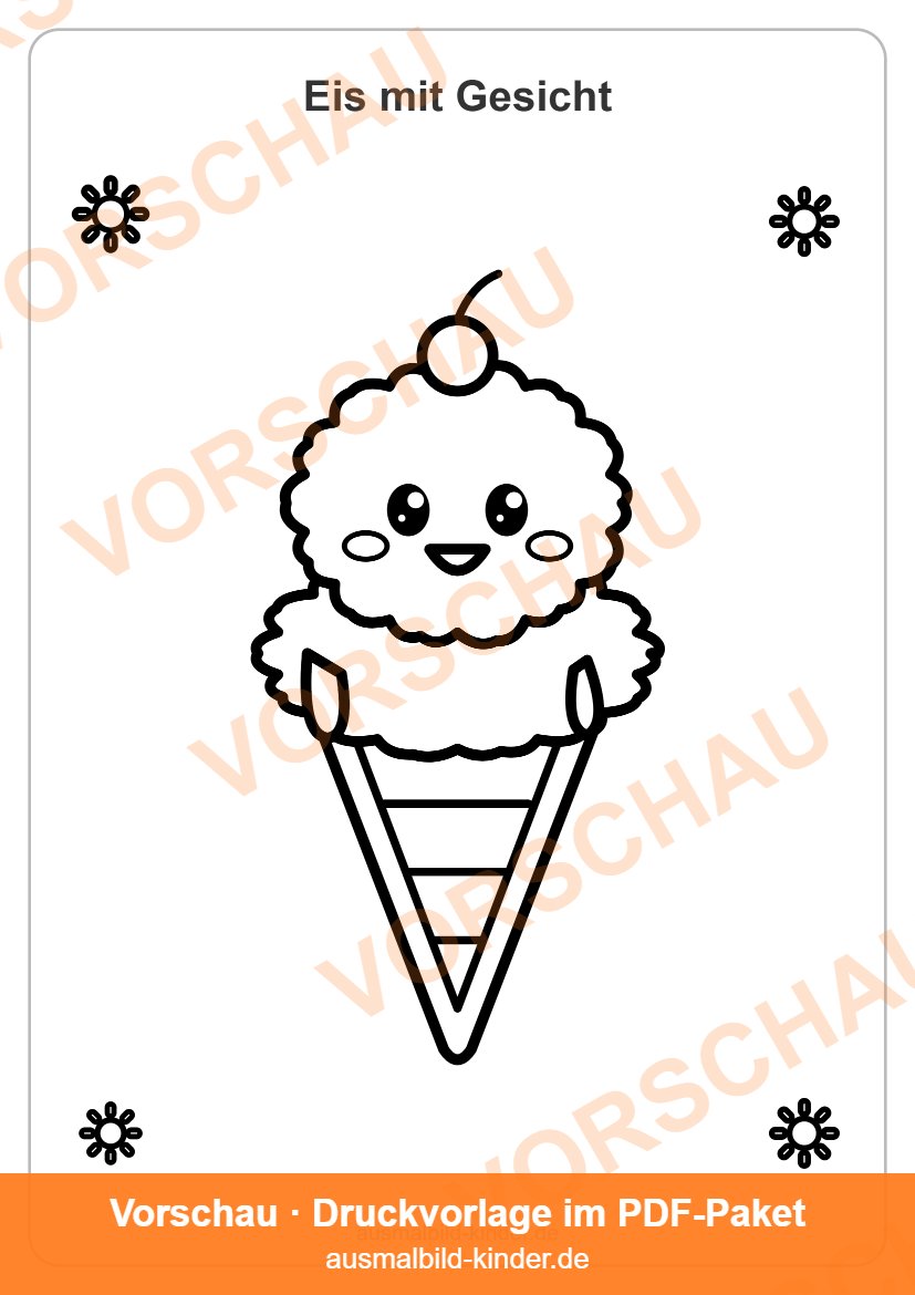 Eis Ausmalbild: Eiswaffel mit Gesicht und Kirsche zum Ausmalen (Vorschau)