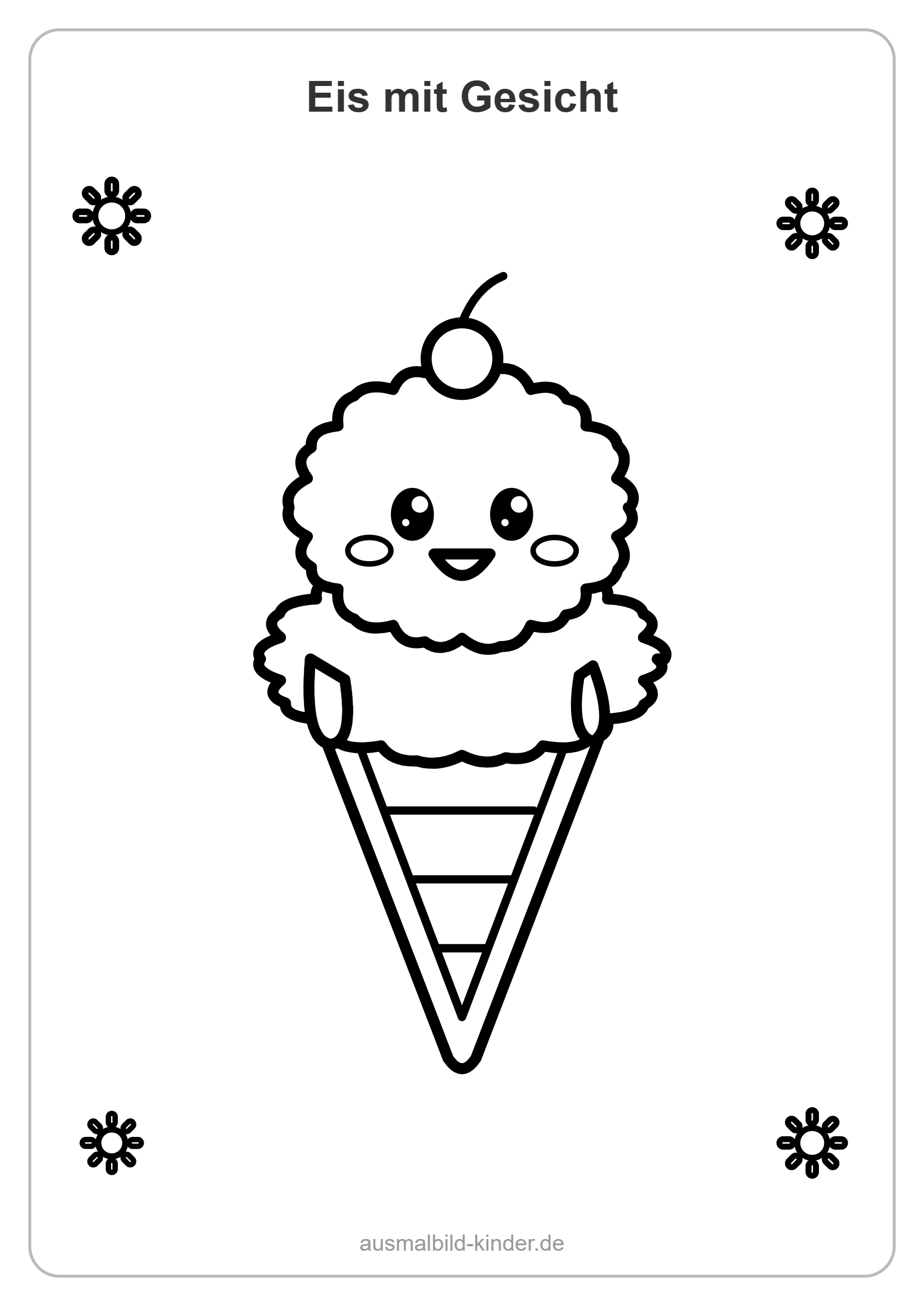 Eis Ausmalbild: Eiswaffel mit Gesicht und Kirsche zum Ausmalen