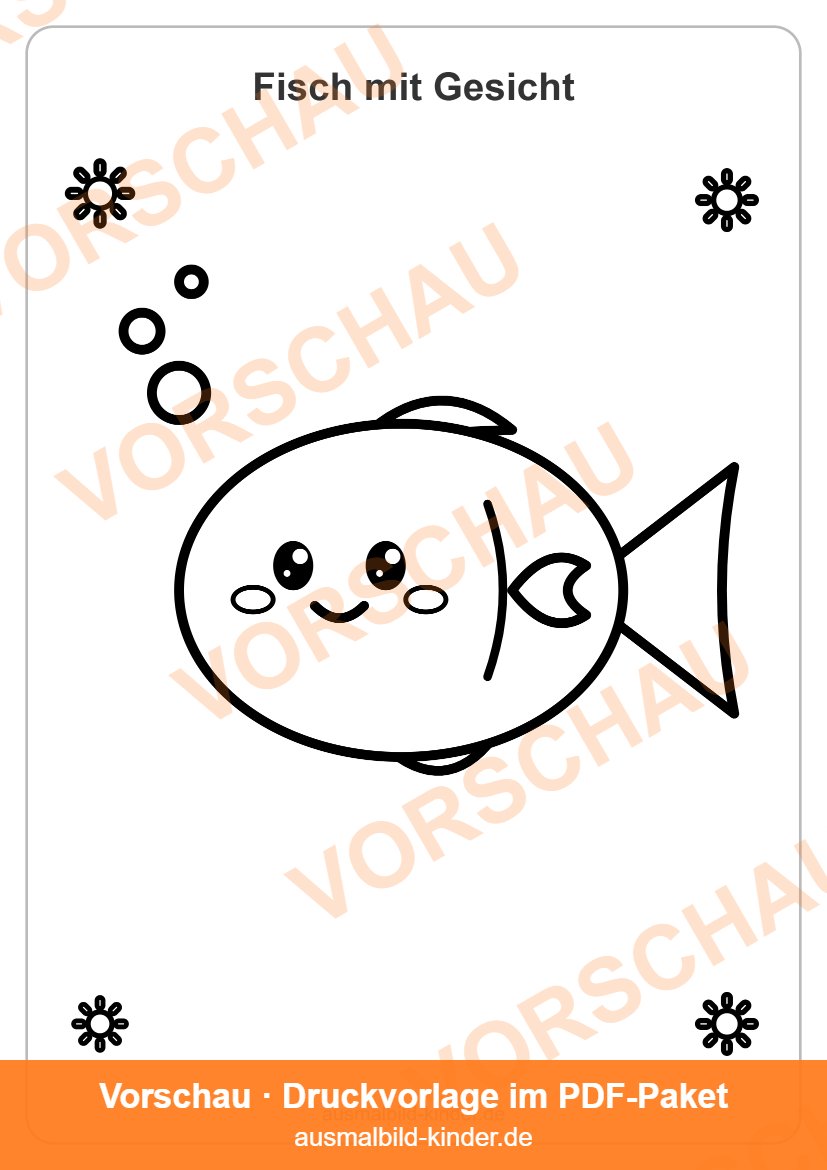 Fisch Ausmalbild: lachender Fisch mit Luftblasen für Kinder (Vorschau)