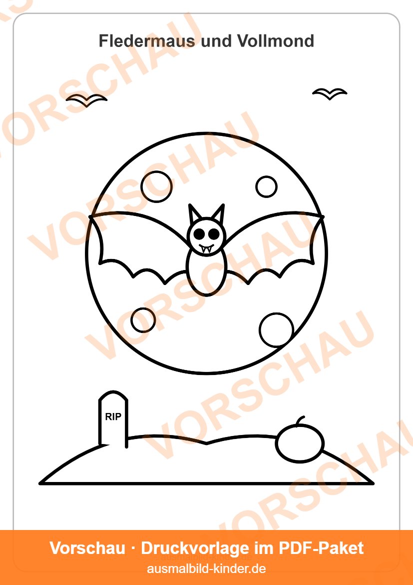 Fledermaus Ausmalbild: Fledermaus vor dem Vollmond zum Ausdrucken (Vorschau)