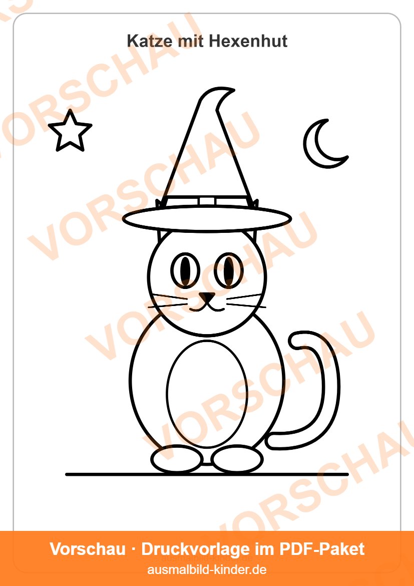Ausmalbild Katze mit Hexenhut für Halloween (Vorschau)