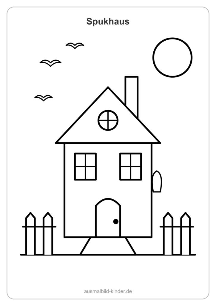 Ausmalbild Spukhaus: Geisterhaus mit Fledermäusen und Mond
