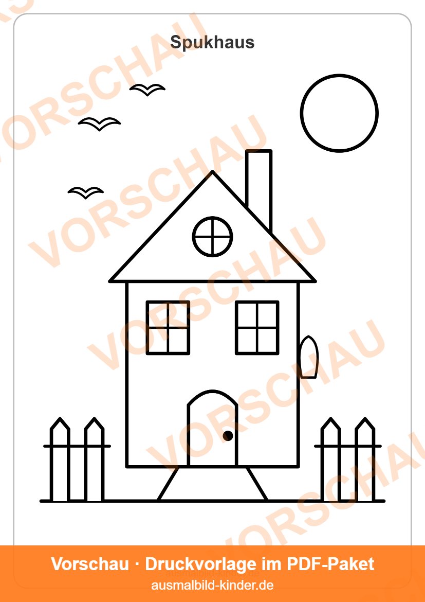 Ausmalbild Spukhaus: Geisterhaus mit Fledermäusen und Mond (Vorschau)