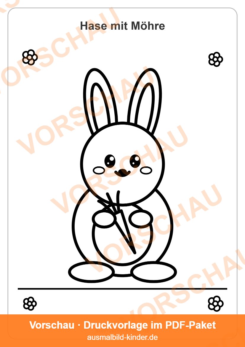 Hase Ausmalbild: süßer Hase mit Möhre zum Ausmalen (Vorschau)