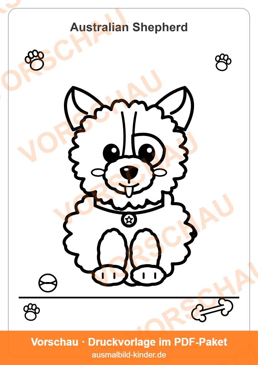 Australian Shepherd Ausmalbild: süßer Australian Shepherd-Welpe zum Ausmalen für Kinder (Vorschau)