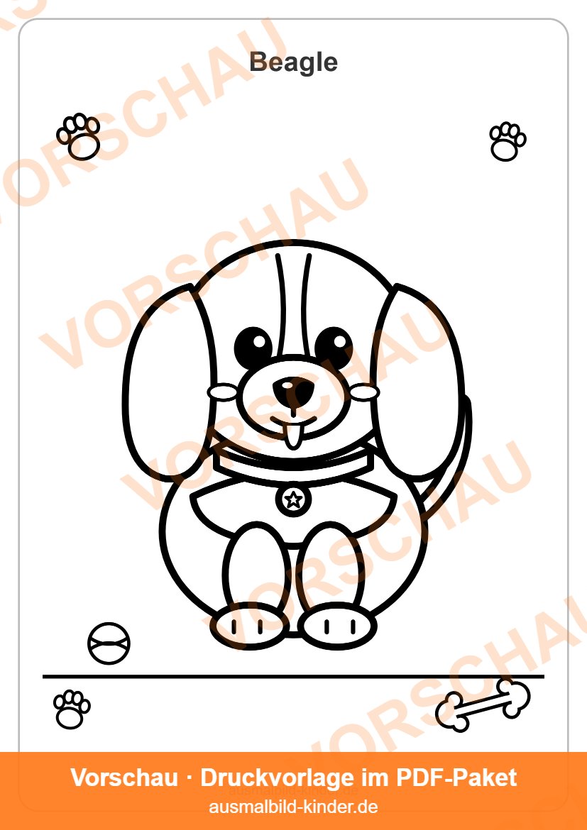 Beagle Ausmalbild: süßer Beagle-Welpe zum Ausmalen für Kinder (Vorschau)