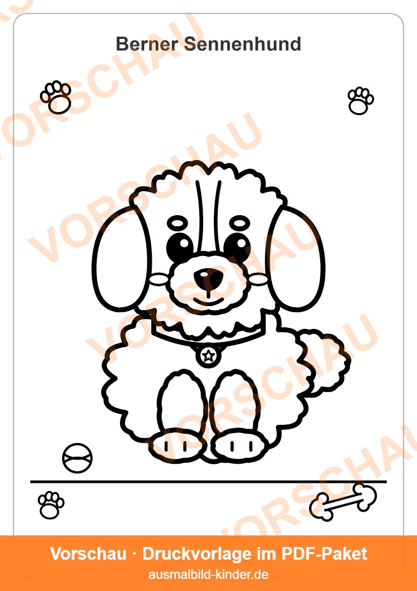 Berner Sennenhund Ausmalbild: süßer Berner Sennenhund-Welpe zum Ausmalen für Kinder (Vorschau)