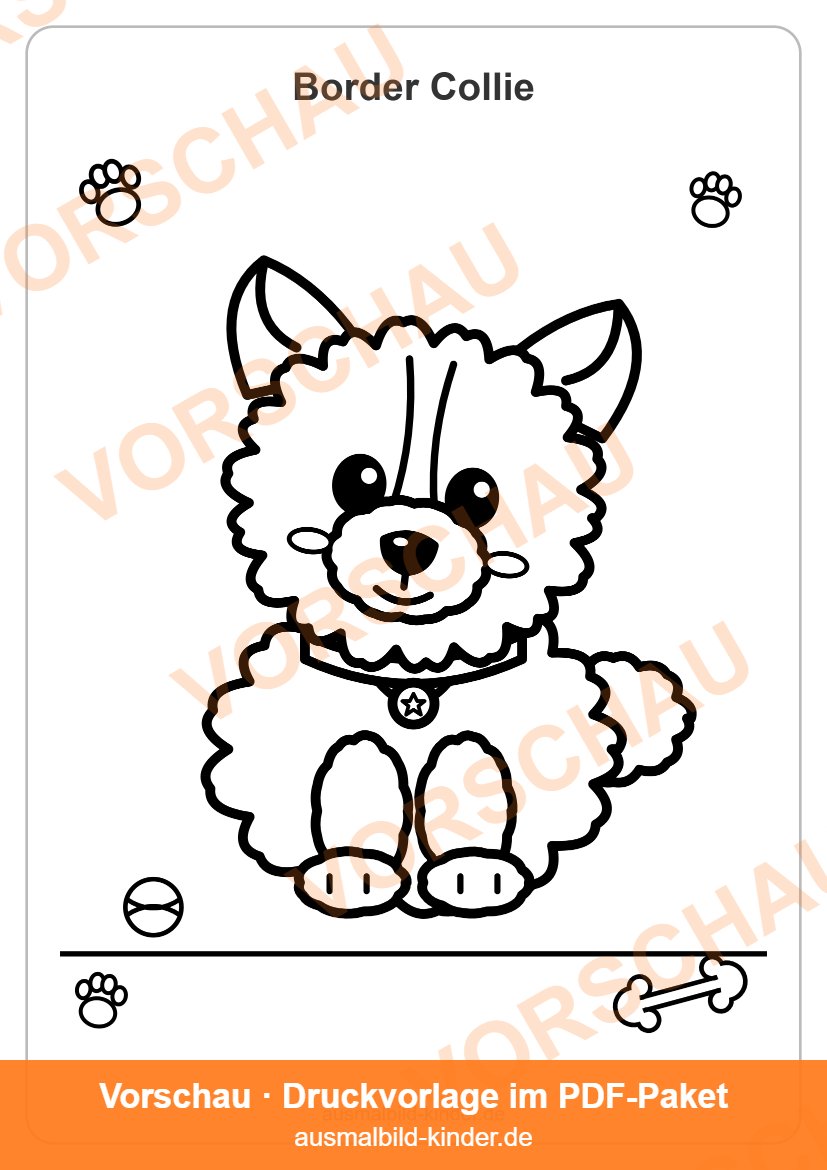 Border Collie Ausmalbild: süßer Border Collie-Welpe zum Ausmalen für Kinder (Vorschau)