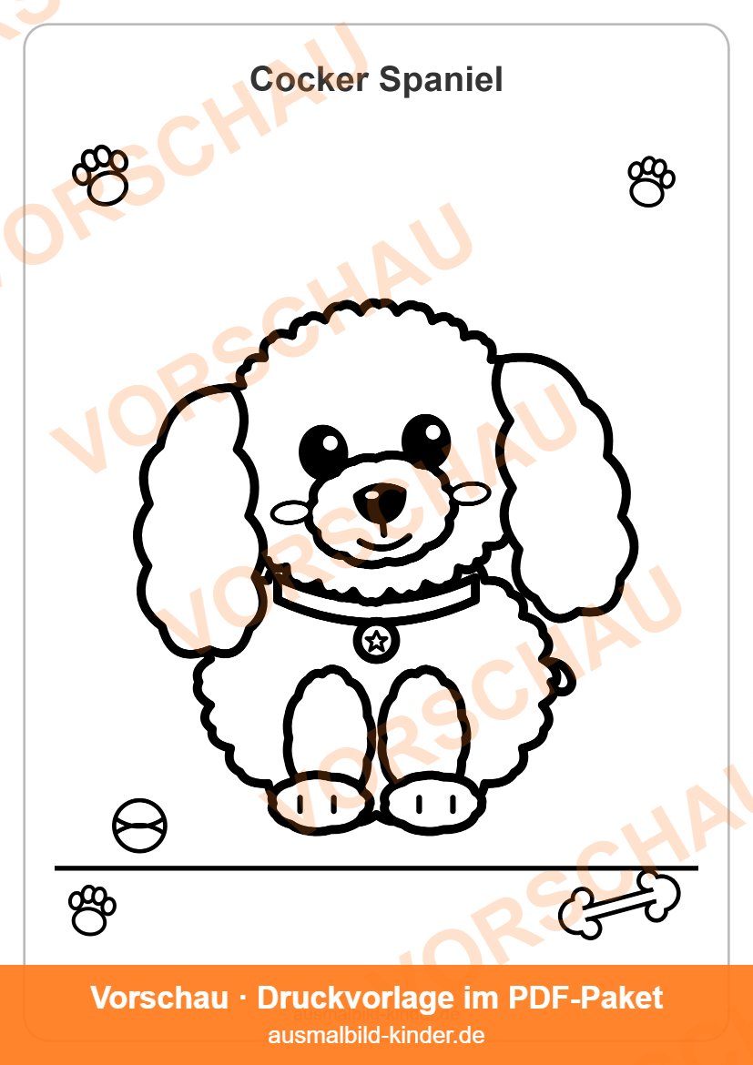 Cocker Spaniel Ausmalbild: süßer Cocker Spaniel-Welpe zum Ausmalen für Kinder (Vorschau)