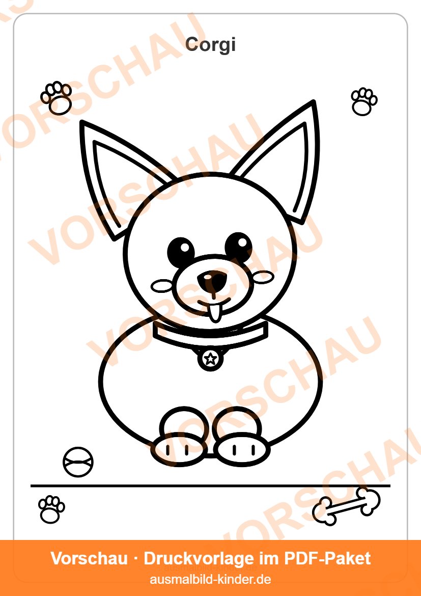 Corgi Ausmalbild: süßer Corgi-Welpe zum Ausmalen für Kinder (Vorschau)