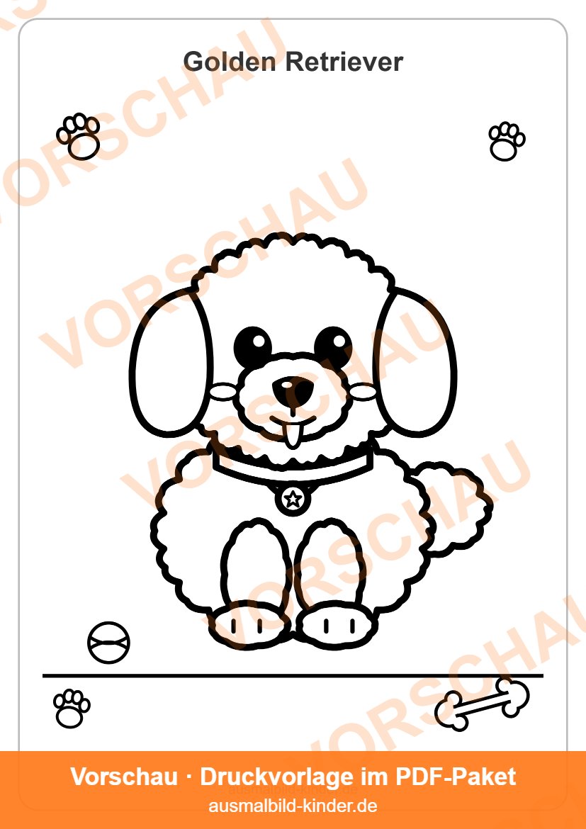 Golden Retriever Ausmalbild: süßer Golden Retriever-Welpe zum Ausmalen für Kinder (Vorschau)