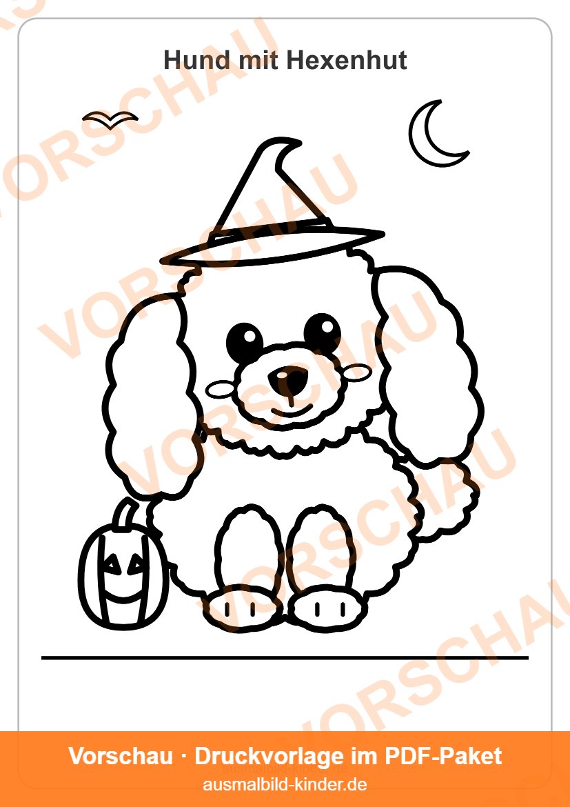 Ausmalbild Hund an Halloween: Welpe Uno mit Hexenhut und Kürbis (Vorschau)