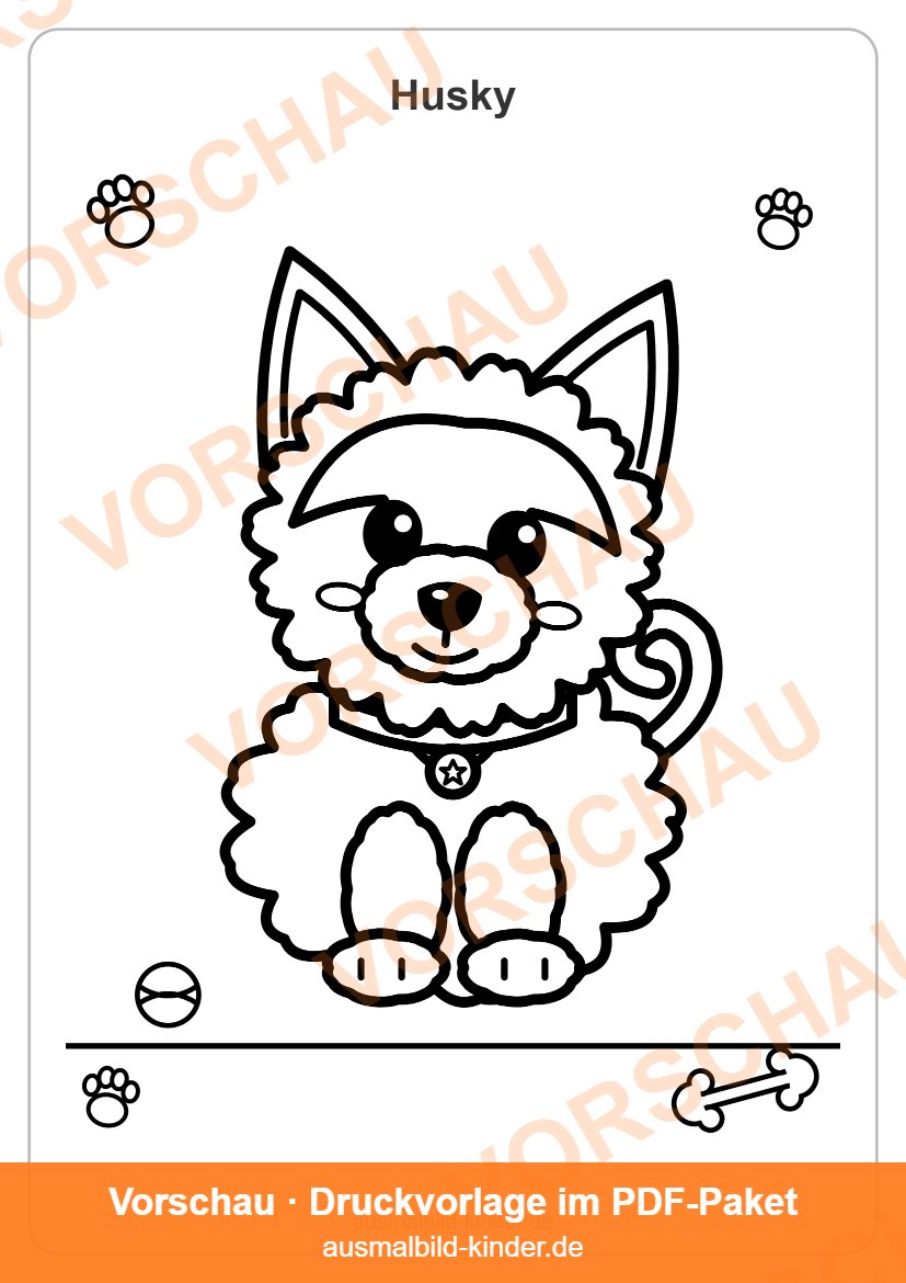 Husky Ausmalbild: süßer Husky-Welpe zum Ausmalen für Kinder (Vorschau)