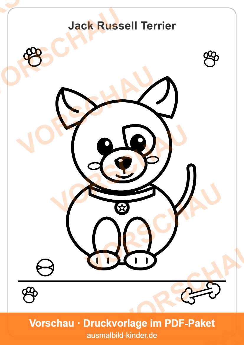 Jack Russell Terrier Ausmalbild: süßer Jack Russell Terrier-Welpe zum Ausmalen für Kinder (Vorschau)