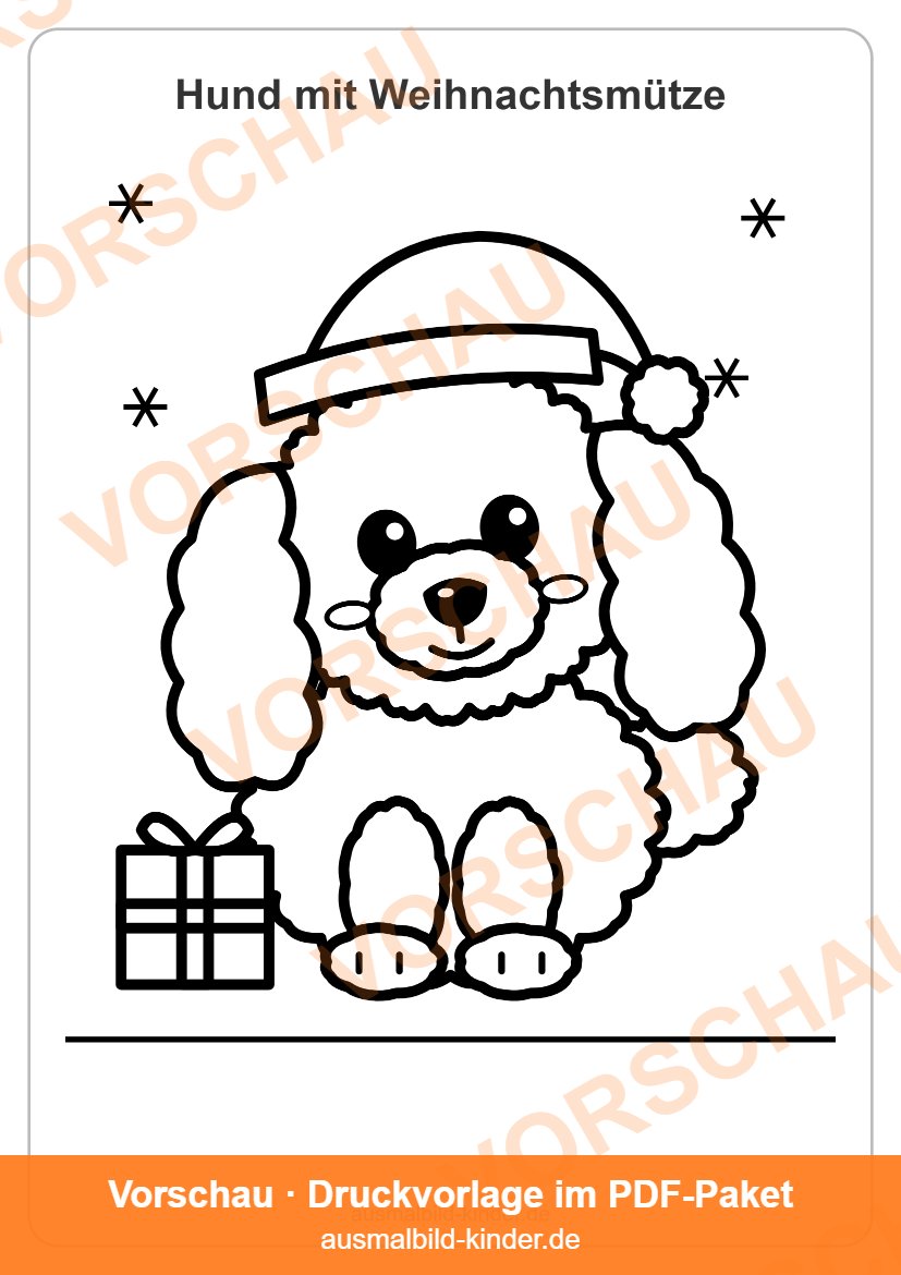 Ausmalbild Hund an Weihnachten: Welpe Uno mit Weihnachtsmütze und Geschenk (Vorschau)