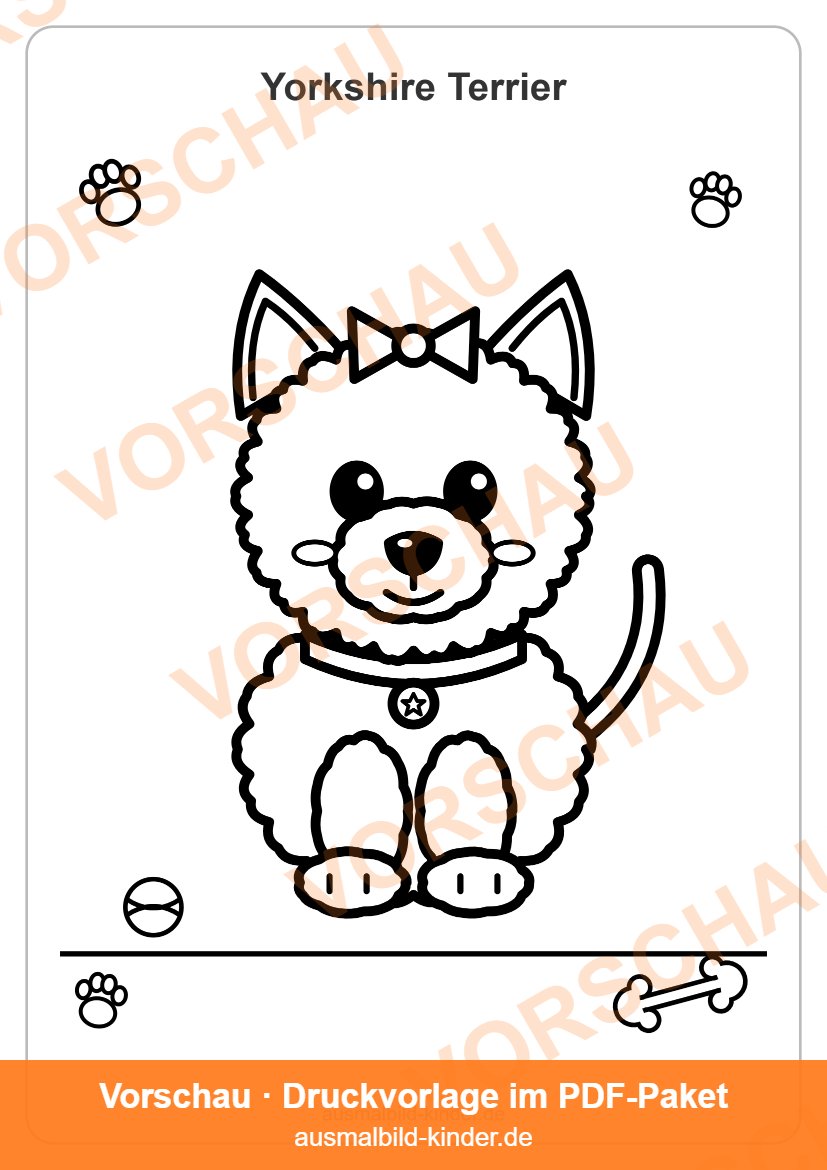 Yorkshire Terrier Ausmalbild: süßer Yorkshire Terrier-Welpe zum Ausmalen für Kinder (Vorschau)