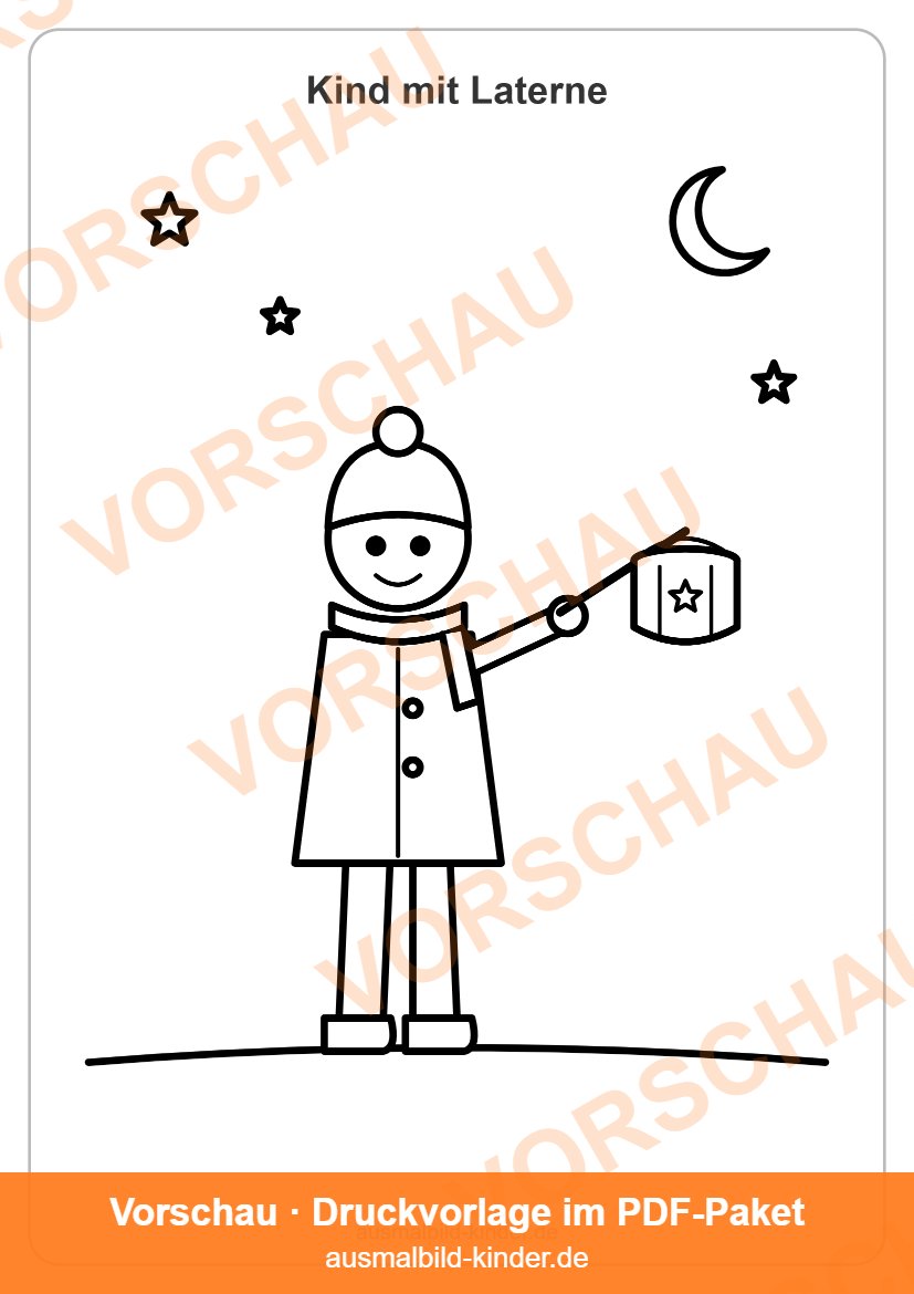 Ausmalbild St Martin: Kind mit Laterne beim Laternenumzug (Vorschau)