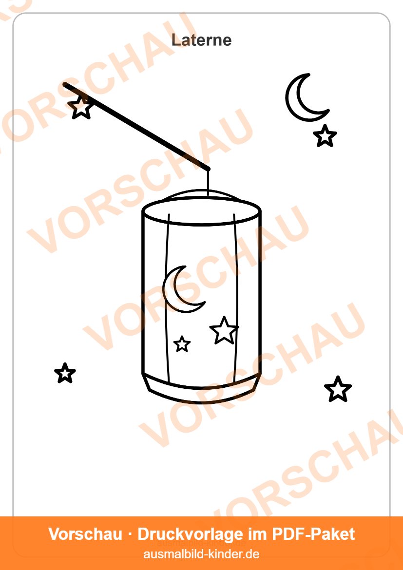 Laterne Ausmalbild: Martinslaterne mit Mond und Sternen zum Ausmalen (Vorschau)