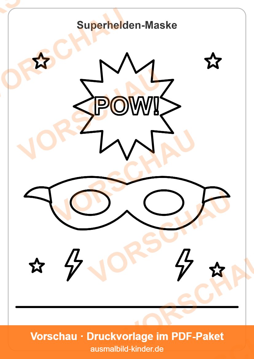 Superhelden Maske Ausmalbild mit POW-Sprechblase und Blitzen (Vorschau)