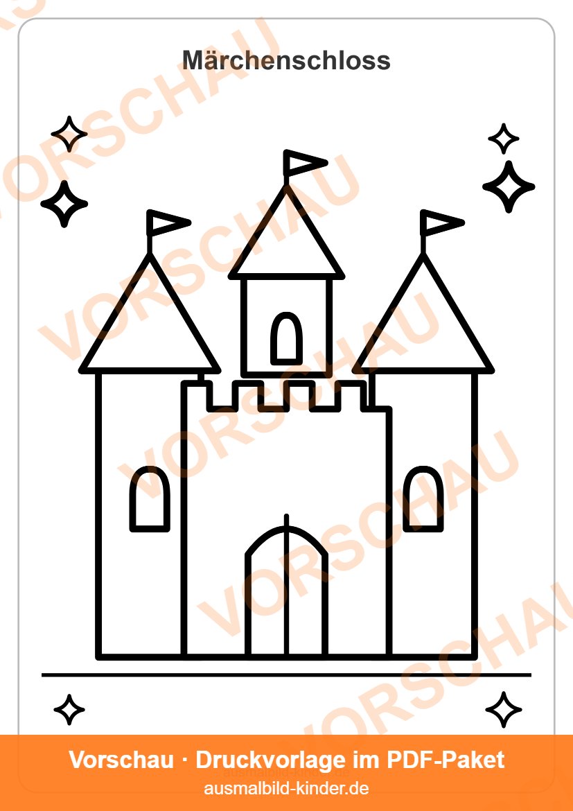 Schloss Ausmalbild: Märchenschloss mit Türmen und Fahnen zum Ausmalen (Vorschau)