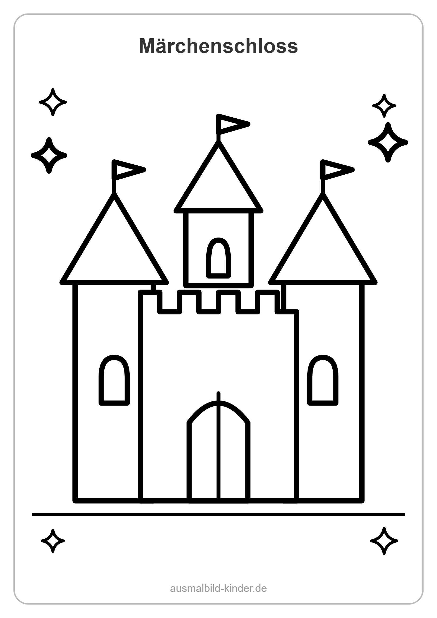 Schloss Ausmalbild: Märchenschloss mit Türmen und Fahnen zum Ausmalen