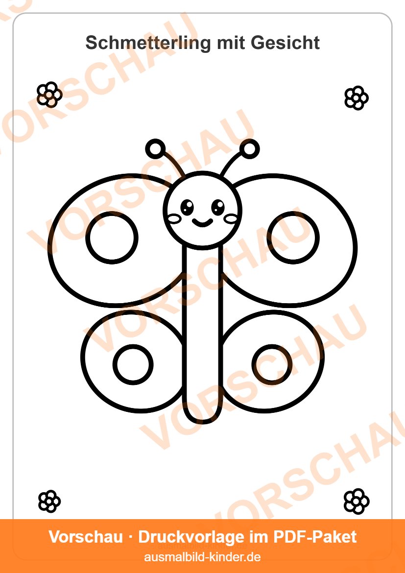 Schmetterling Ausmalbild: lachender Schmetterling für Kinder (Vorschau)