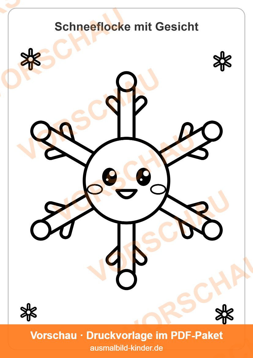 Schneeflocke Ausmalbild: lachende Schneeflocke mit Gesicht für Kinder (Vorschau)