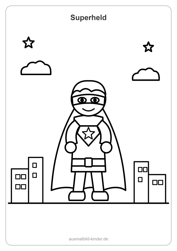 Superheld Ausmalbild: Held mit Maske und Umhang vor der Stadt