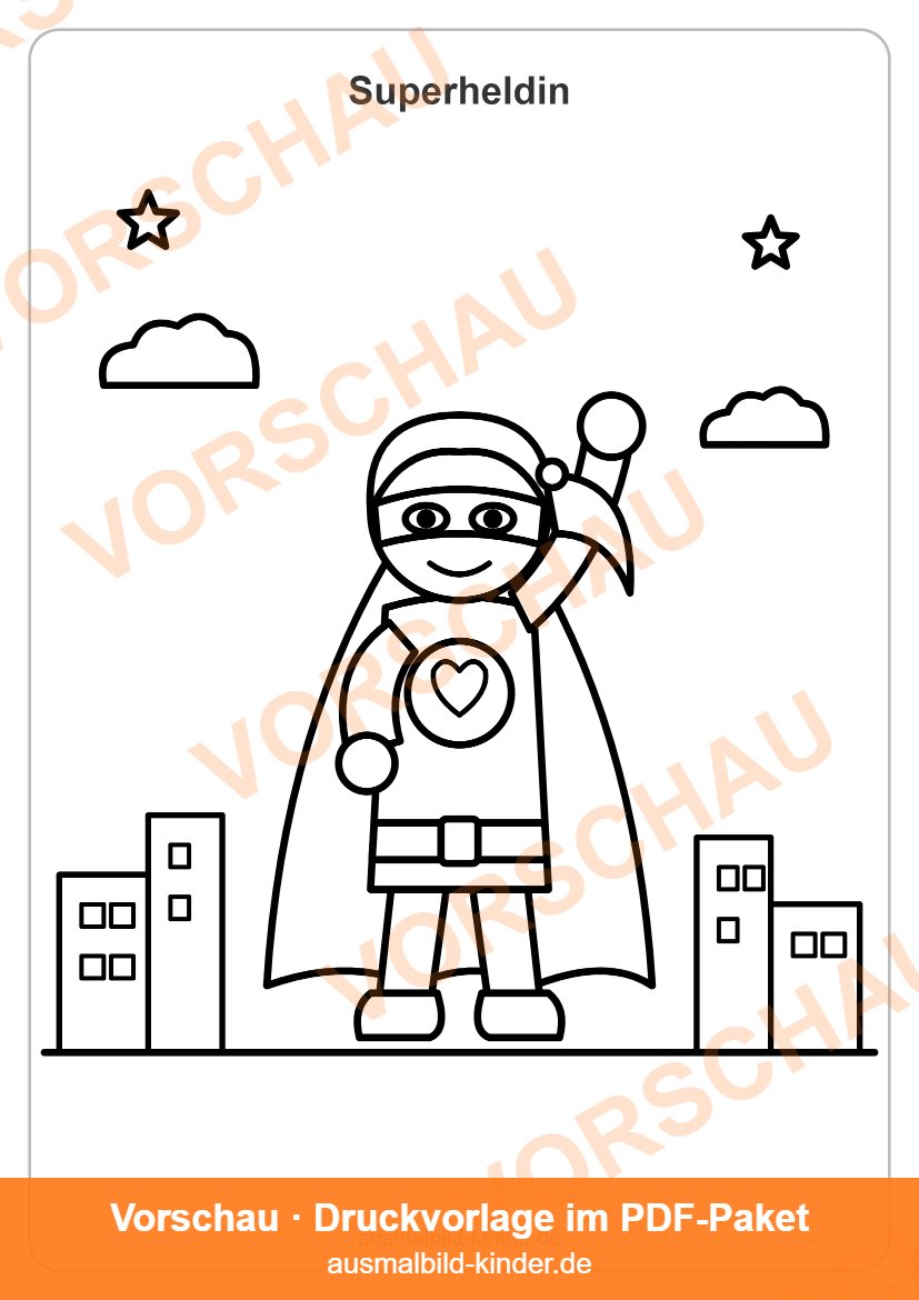 Superheldin Ausmalbild: Heldin mit Umhang und erhobener Faust (Vorschau)