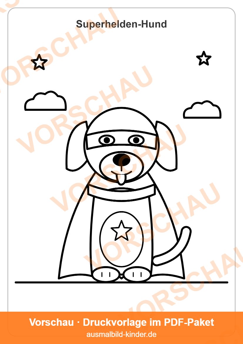 Superhelden Hund Ausmalbild: Hund mit Maske und Umhang (Vorschau)