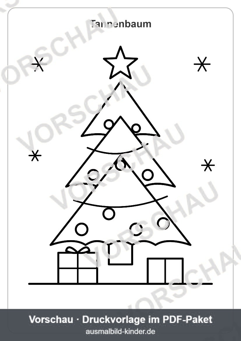 Tannenbaum Ausmalbild mit Stern, Kugeln und Geschenken (Vorschau)