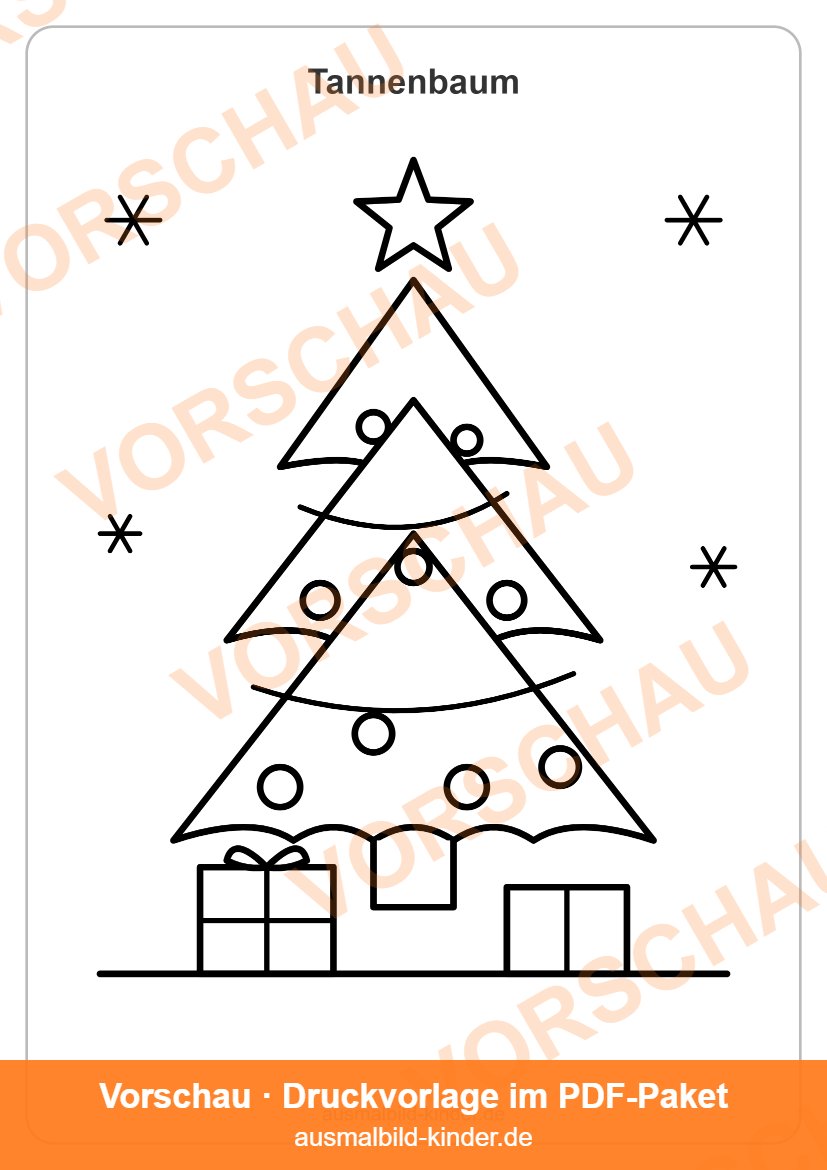 Tannenbaum Ausmalbild mit Stern, Kugeln und Geschenken (Vorschau)