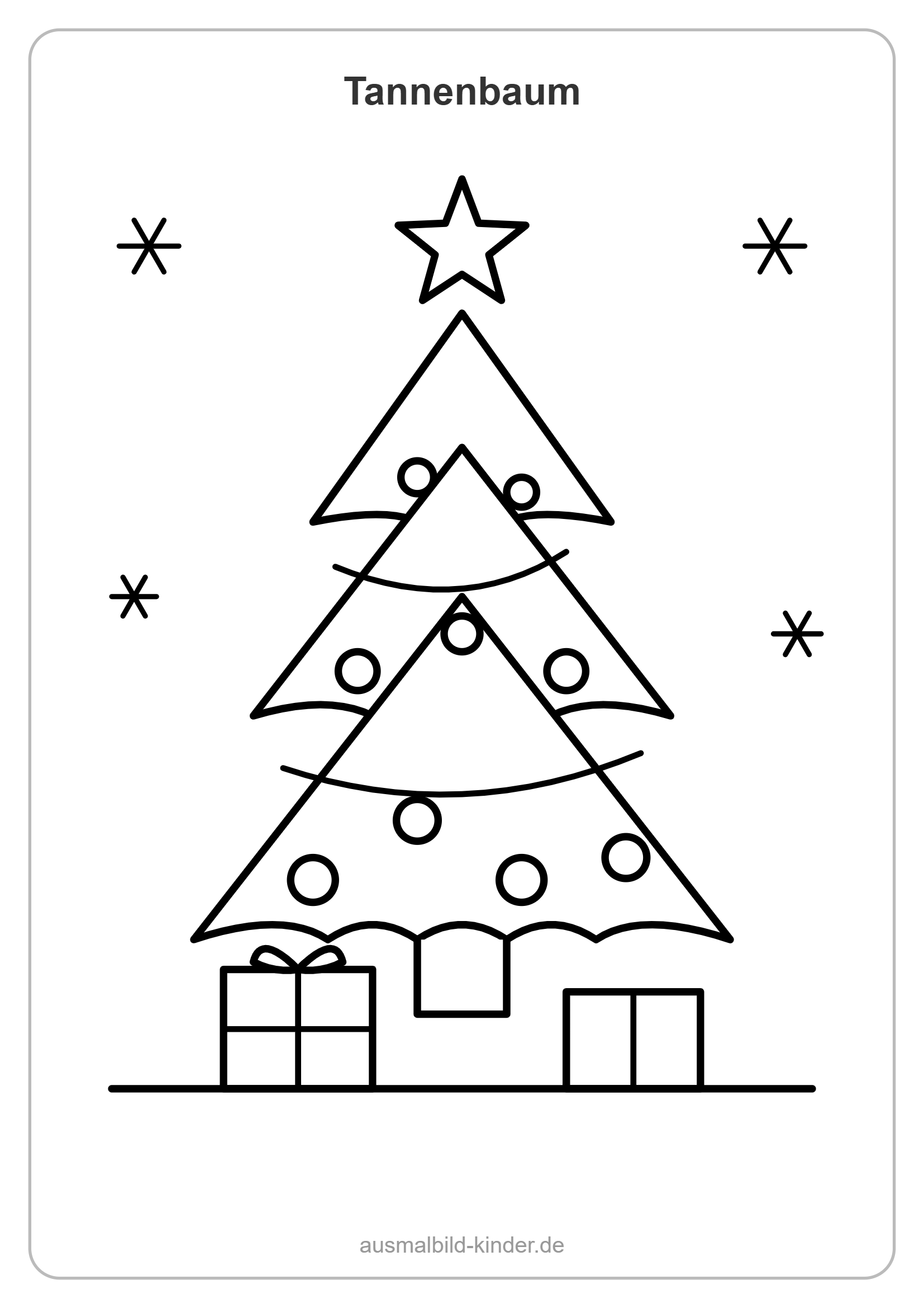 Tannenbaum Ausmalbild mit Stern, Kugeln und Geschenken