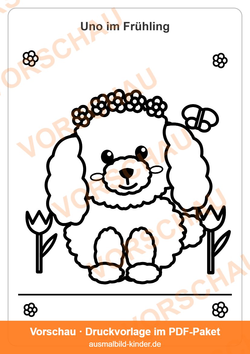 Ausmalbild Hund im Frühling: Havaneser-Welpe Uno mit Blumenkranz (Vorschau)