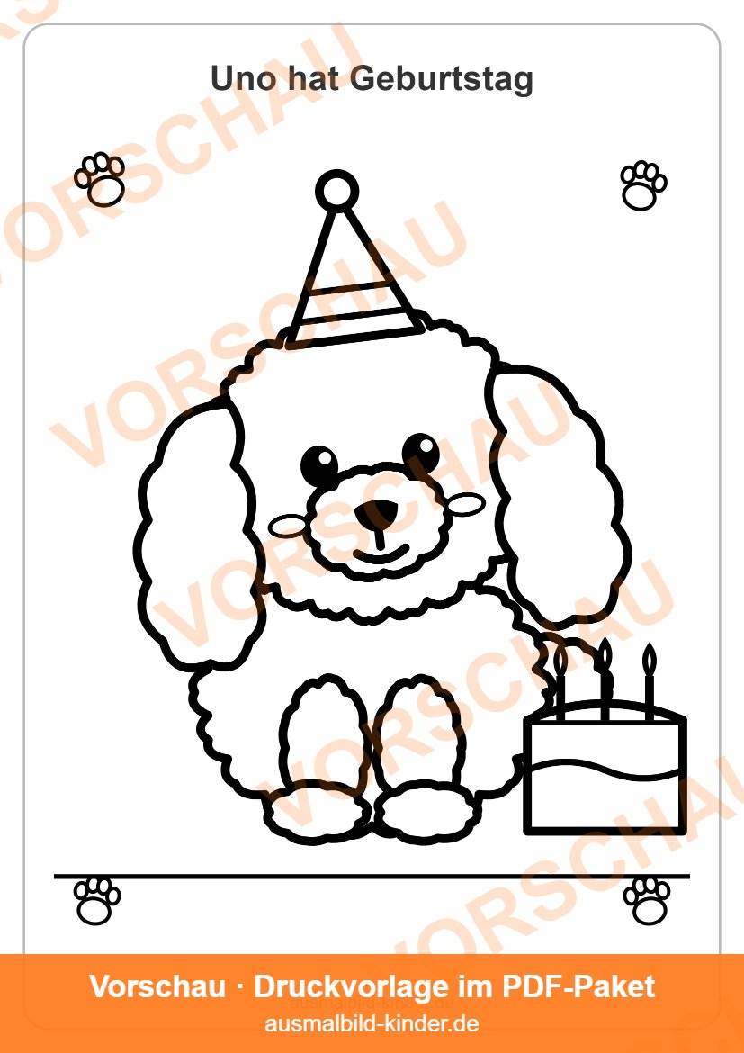 Uno hat Geburtstag: Ausmalbild mit Havaneser-Welpe Uno für Kinder (Vorschau)