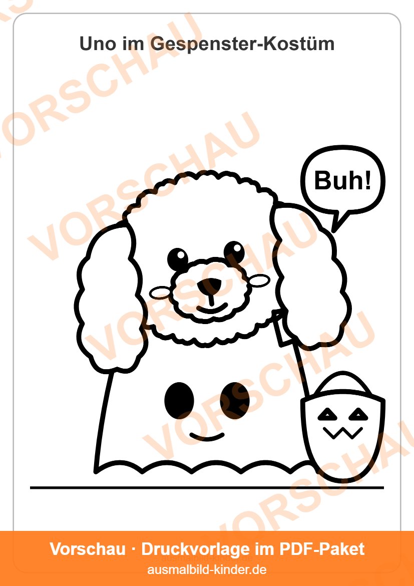 Ausmalbild Hund als Gespenst: Havaneser-Welpe Uno im Gespenster-Kostüm (Vorschau)