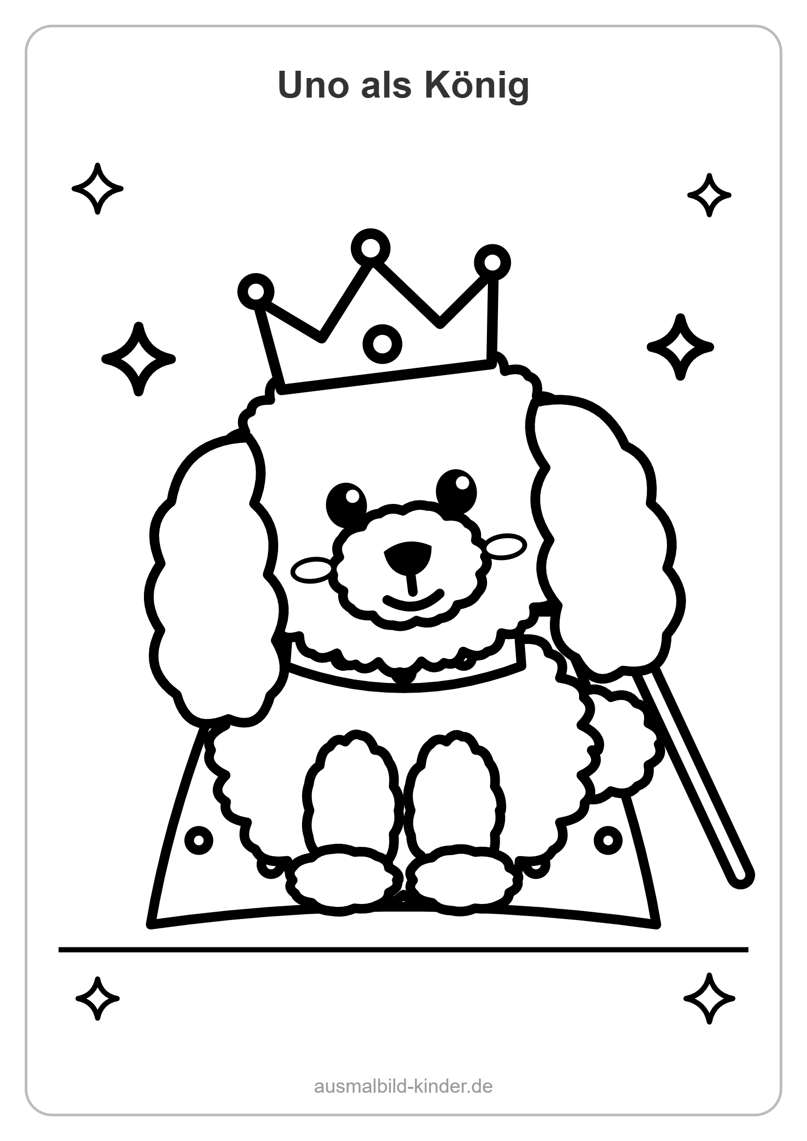 Ausmalbild Hund als König: Havaneser-Welpe Uno mit Krone, Umhang und Zepter