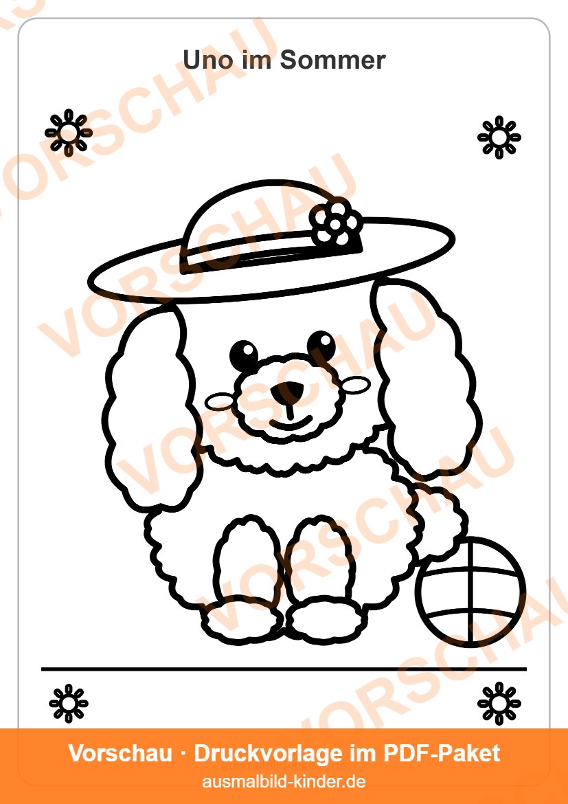 Ausmalbild Hund im Sommer: Havaneser-Welpe Uno mit Sonnenhut und Wasserball (Vorschau)
