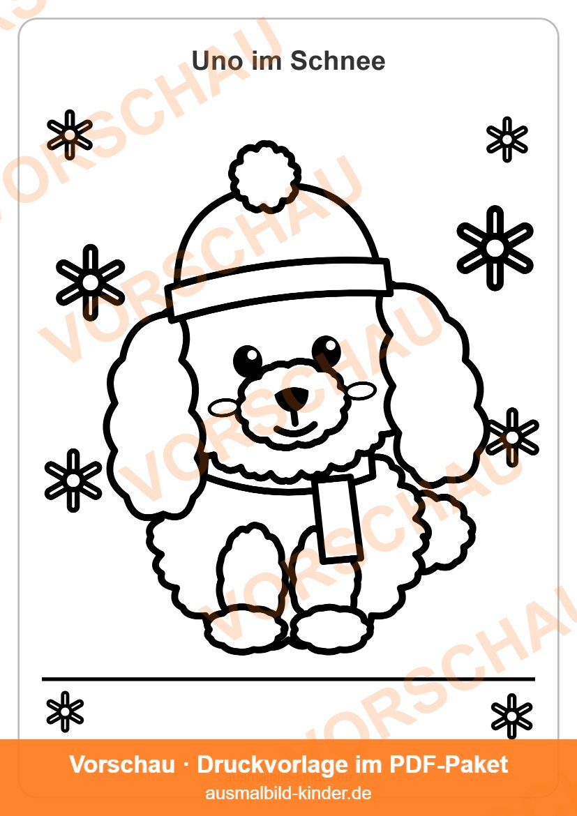 Ausmalbild Hund im Winter: Havaneser-Welpe Uno mit Mütze und Schal (Vorschau)