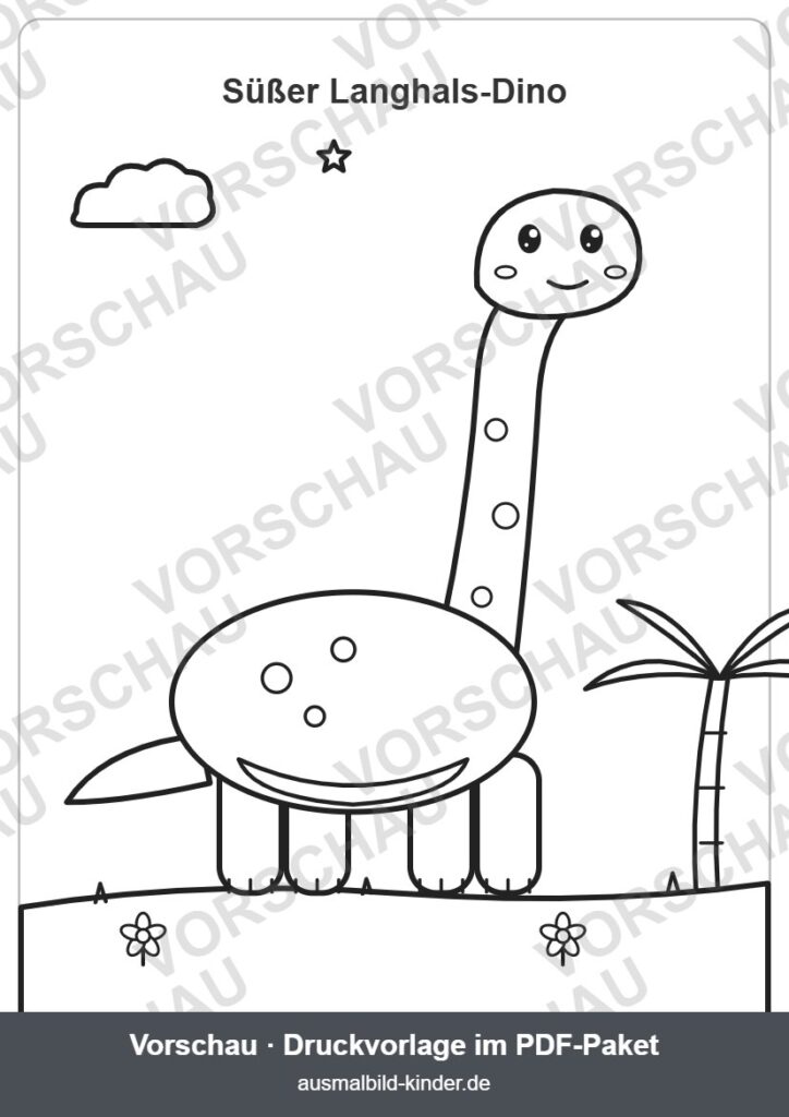 Süßer Langhals-Dino Brachiosaurus mit Palme zum Ausmalen (Vorschau) – Brachiosaurus Ausmalbild