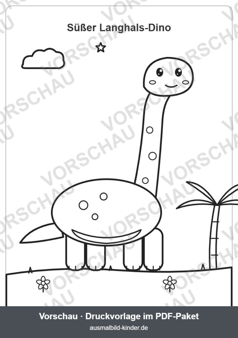 Süßer Langhals-Dino Brachiosaurus mit Palme zum Ausmalen (Vorschau) – Brachiosaurus Ausmalbild