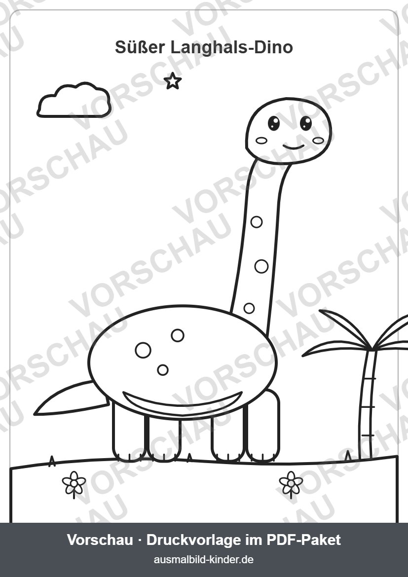 Süßer Langhals-Dino Brachiosaurus mit Palme zum Ausmalen (Vorschau) – Brachiosaurus Ausmalbild