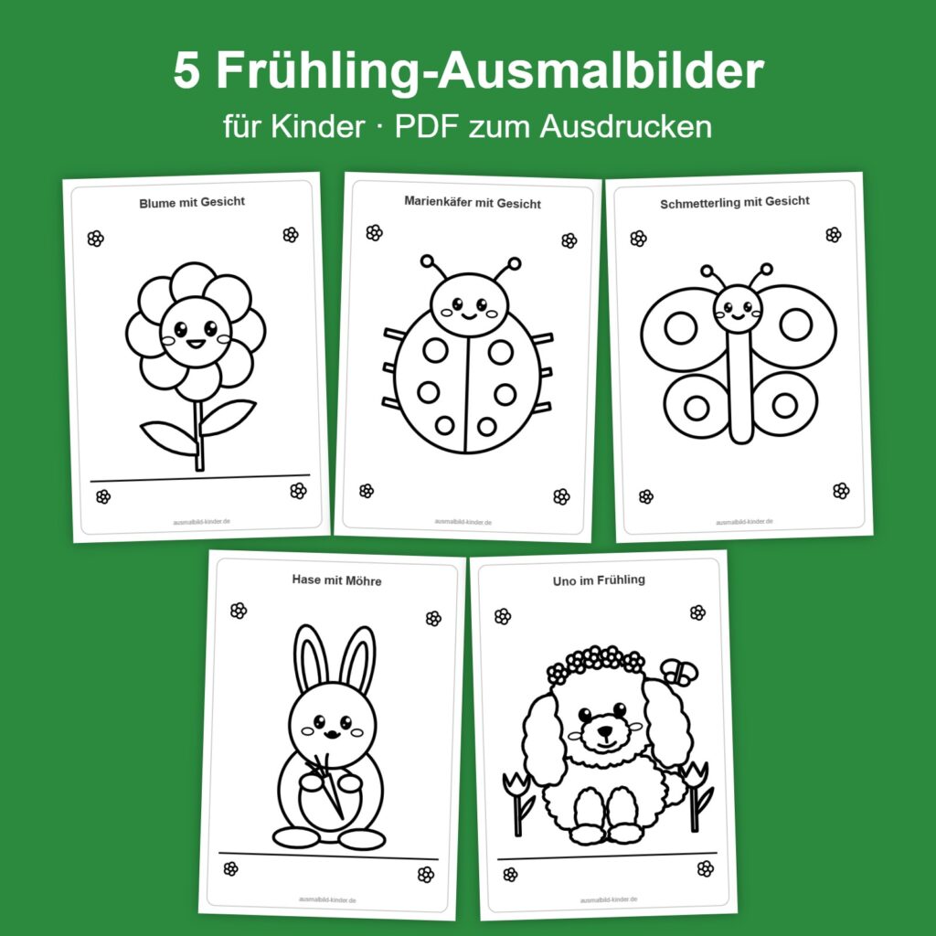 Paket mit 5 Frühling-Ausmalbildern für Kinder als PDF