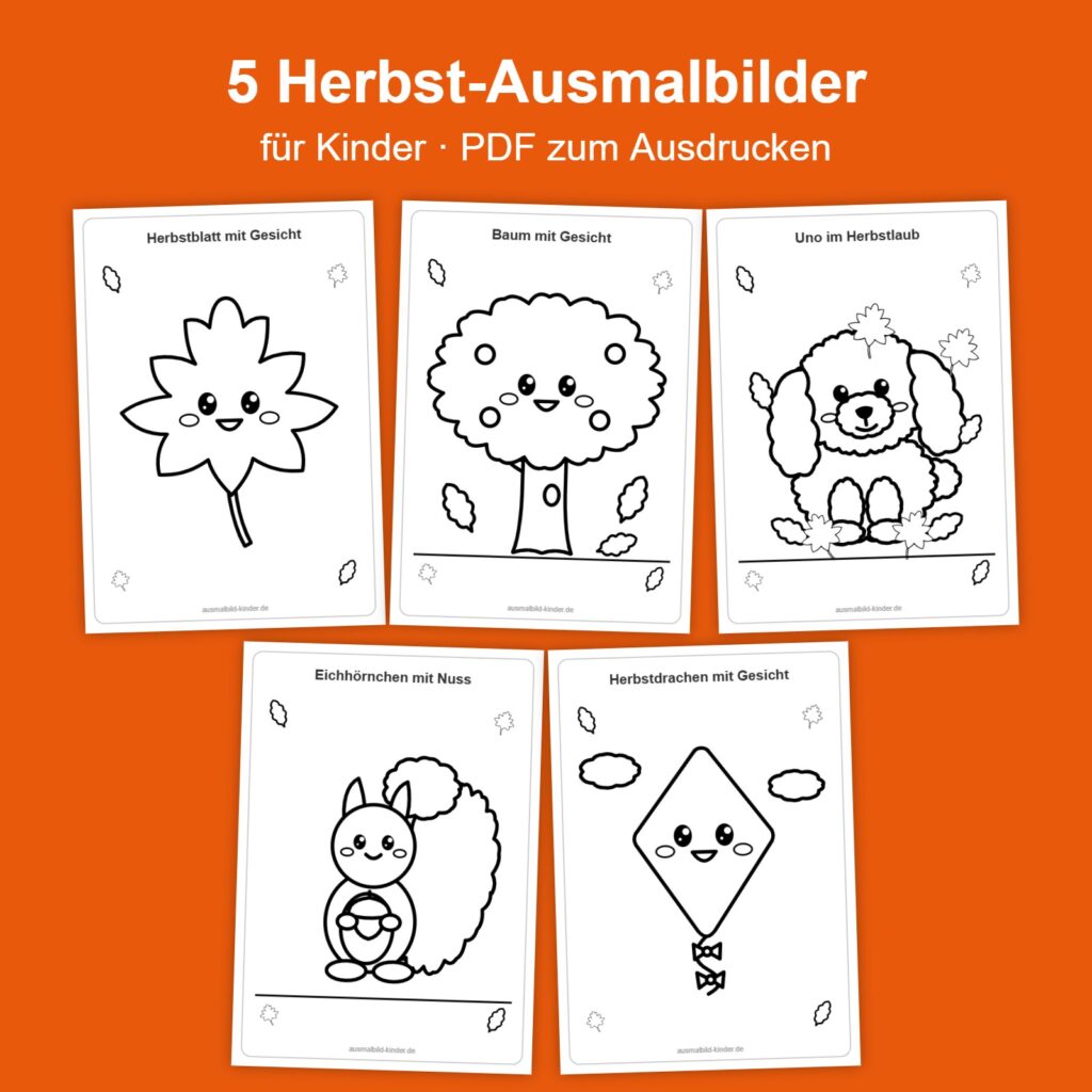 Paket mit 5 Herbst-Ausmalbildern für Kinder als PDF