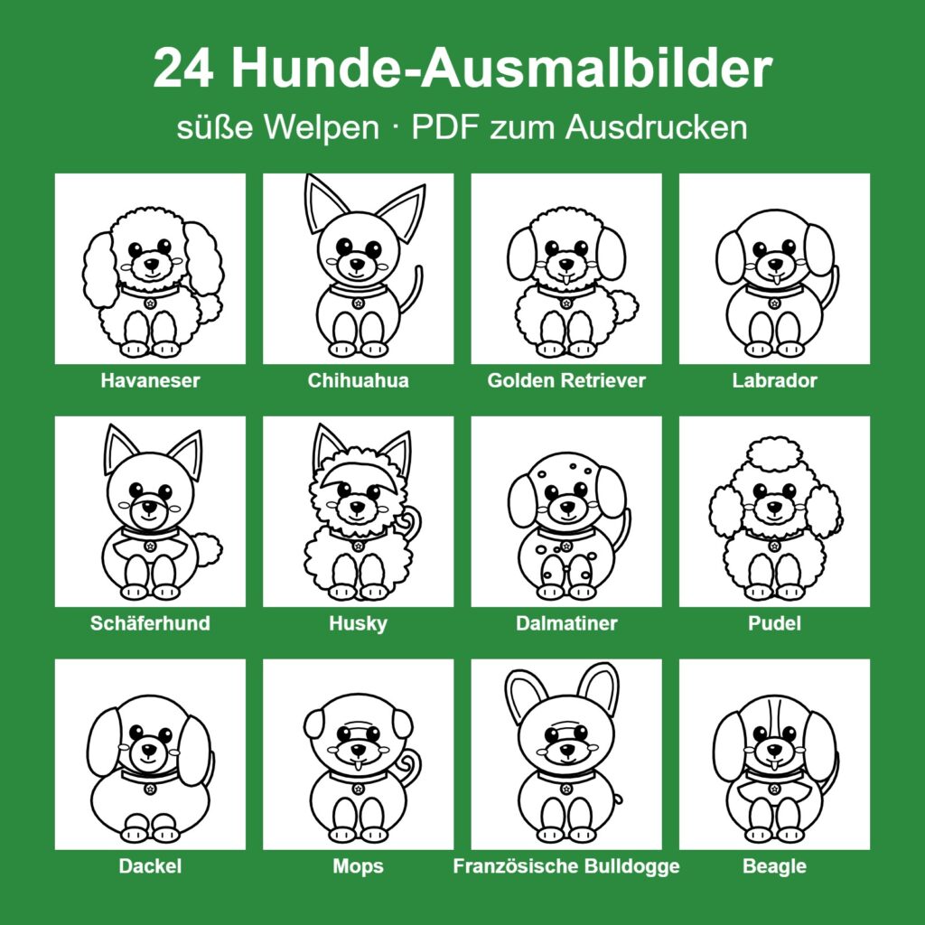 Paket mit 24 Hunde-Ausmalbildern für Kinder als PDF