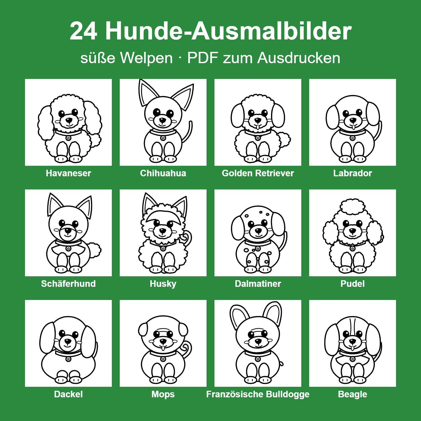 Paket mit 24 Hunde-Ausmalbildern für Kinder als PDF